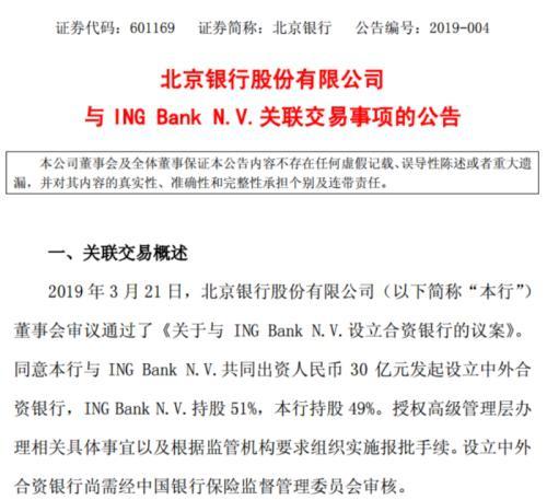 首家外资控股银行：北京银行拟与ING Bank N.V.设立合资银行