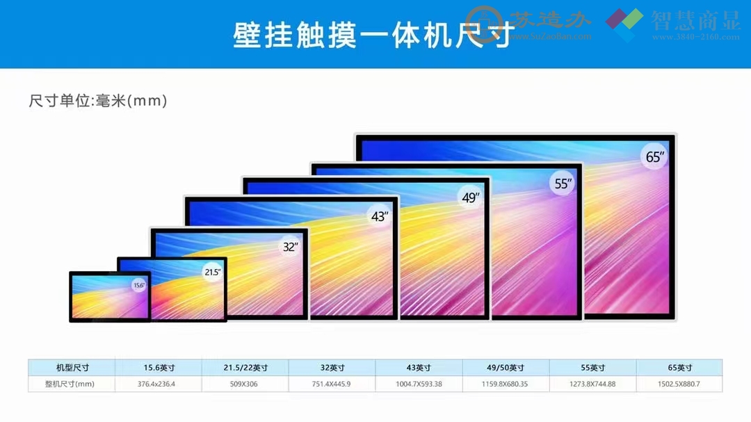 15.6-21.5-32-43-49-55-65英寸壁挂触摸一体机尺寸及大小对比